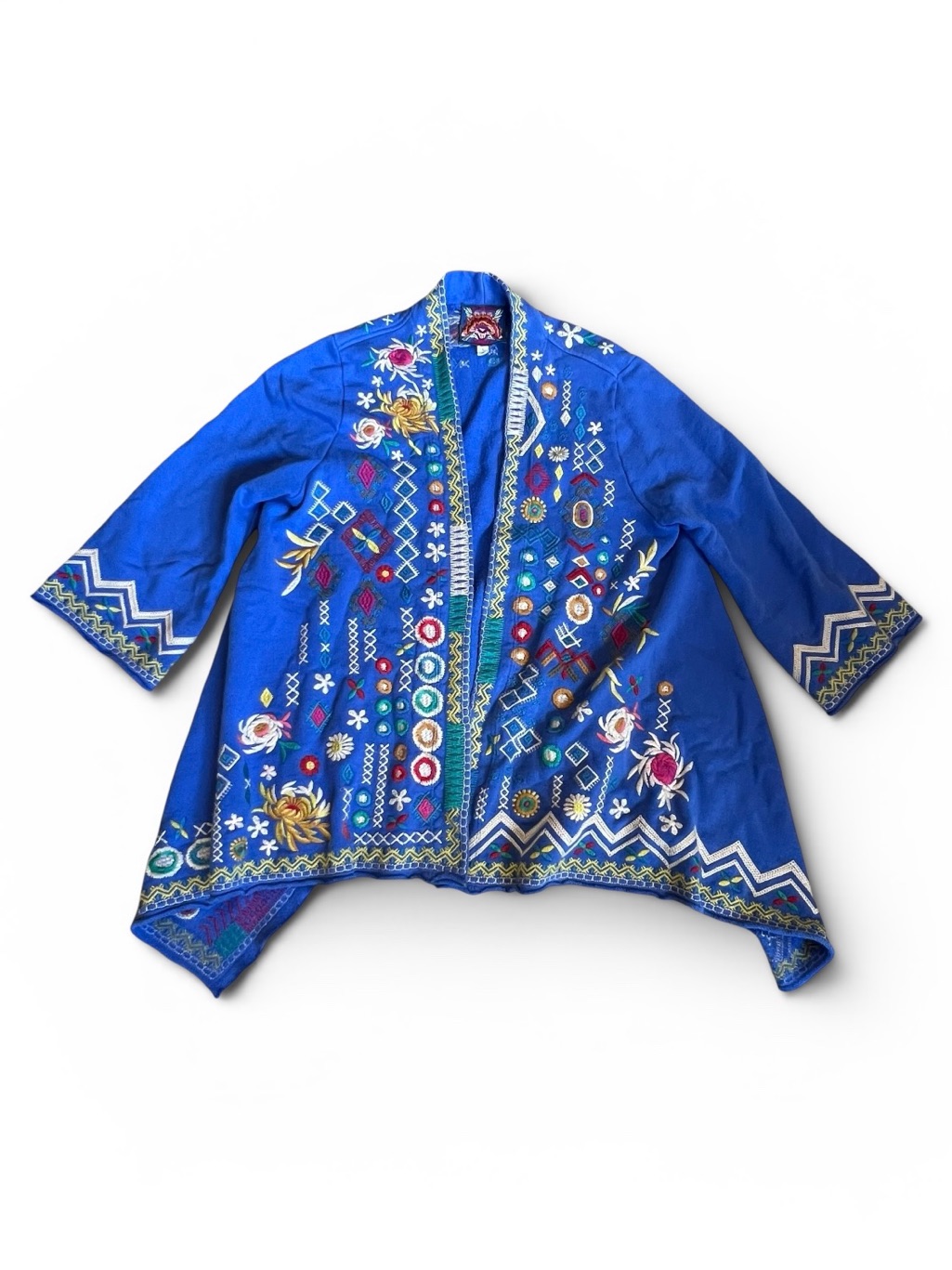 Johnny Was Women’s Sz S Prisca Embroidered Draped Open Cardigan Blue Knit